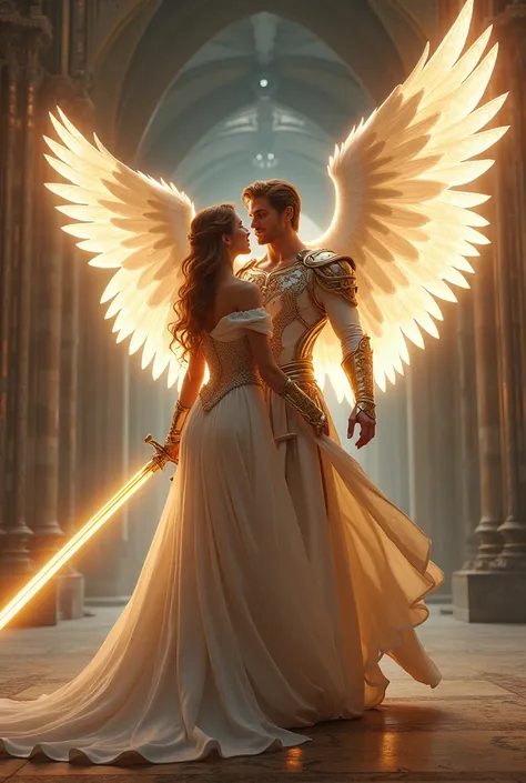 Very elegant man ,  with shining wings and a shining sword saving a woman 