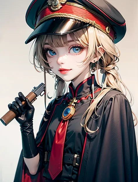 an anime character is wearing a uniform with a hat and cape and is holding a gun in her hand, 1girl, virtual youtuber, solo, hat, blonde hair, pantyhose, heterochromia, gloves, red eyes, long hair, hoshikawa sara, twintails, smile, black gloves, yellow eye...