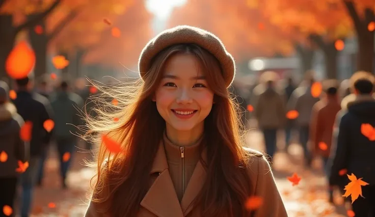 Japanese woman, autumn, many red autumn leaves fluttering in the wind, amid the crowd, dressed in autumn fashion, wearing a beret, slipping, blushing, being embarrassed, laughing, long length bright bronw hair, hair fluttering in the wind, beautiful white-...