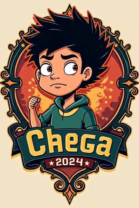 Create an image of an emblem for my school team called “Chega” inspired by the Portuguese political party “Chega” where the emblem has the Baljeet of Phineas and Ferb with an “x” on top to show that he is not welcome to our club. The emblem must be round a...