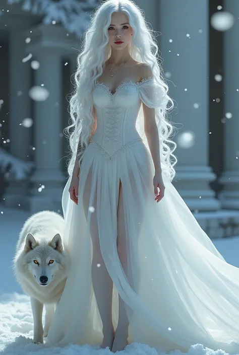 Photorealistic, high resolution, A Slim Japanese woman, busty, double d cup, solo, heavy makeup, Hips up, (Detailed face), long White curly hair, Long hair, (extremely detailed), Snow Queen. White dress with a corset bodice. cute pose. Good Highlights, Evi...