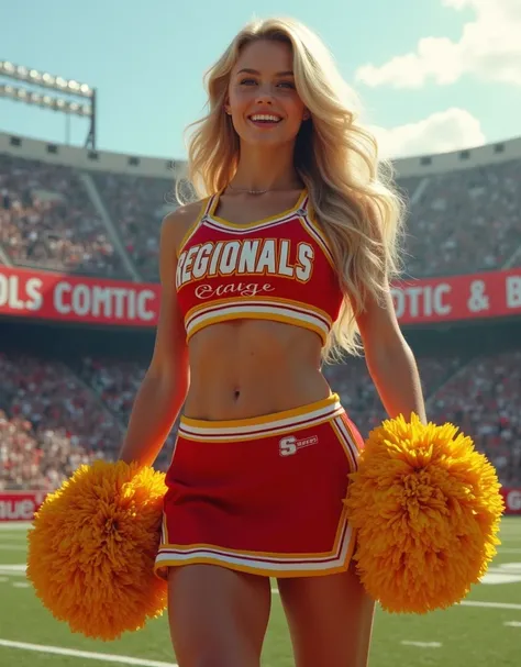 a hot blonde girl in cheerleading outfit perfect fair skin at an open stadium with banner REGIONALS, Excited, big voluptuous breast sexy body