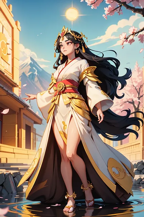 (from below), ((full-body shot,)) Here is the revised prompt for **Amaterasu**, reflecting her with black hair instead of white: --- **Prompt:** "A regal and radiant goddess standing tall and proud, Amaterasu emanates an aura of warmth and light, her prese...