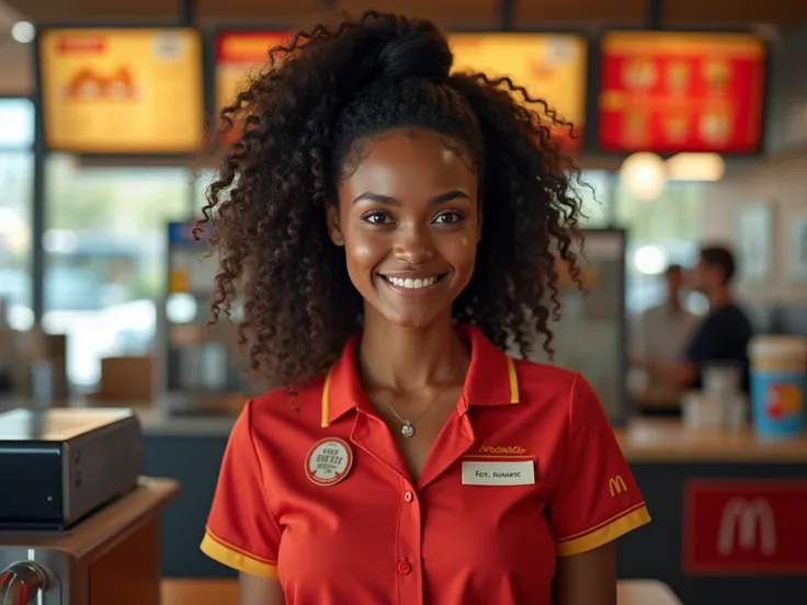 A hyper-realistic 16:9 thumbnail image of a beautiful 28-year-old Black woman working as a McDonalds cashier. She has long, voluminous, and natural curly hair tied back neatly, with realistic texture that flows gracefully with some loose strands framing he...