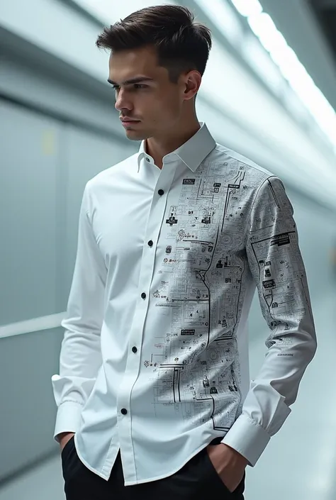 A white shirt with a technical print in the development of buttonless shirt systems