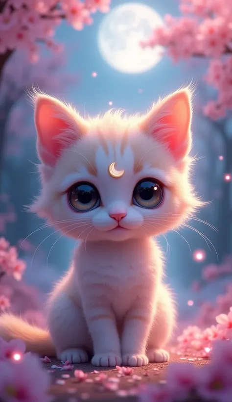 side view, oversaturate, colorfully, Fairytale, dreamlike, Cinematic character render, oil painting, 3D, 8k resolution, sequins, glitter, sakura forest, moonlight, Close up Portrait adorable chibi kawaii anthropomorphic kitten king, Detailed eyes, large ro...