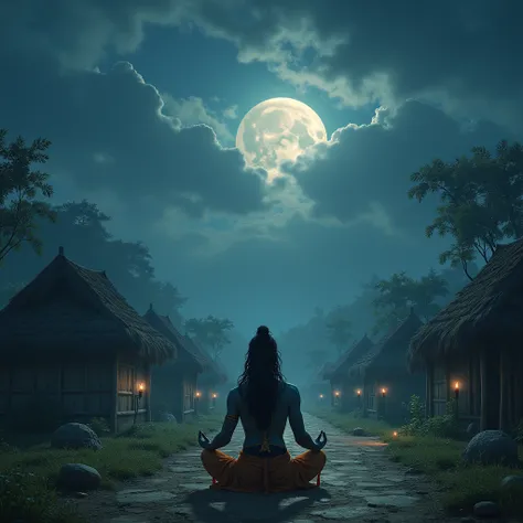 Shiv ji meditation in to the Indian village cloudy sky night moon