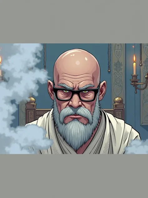  Turn the person in the photo into a monk with a lot of anger inside that keeps his beard and lenses, In a temple