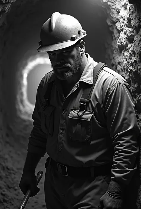 a miner in a black and white mine