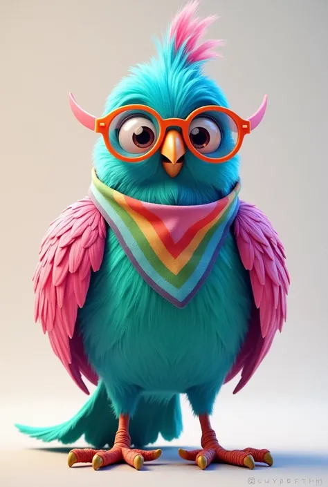 Blue bird with pink tail ,  pink wings and green breast ,  with wavy plastic glasses and a rainbow bandana tied to its forehead 