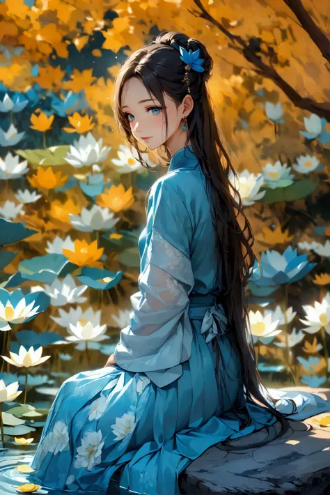  There is a blue ,  16 long legs ,  is a woman sitting on a rock in the water,  elegantly standing on a lotus flower ,  imaginary beauty ,  wearing a blue cheongsam , court, Girl in Hanfu,  wearing a blue cheongsam ,  dress full of shea fairies , In the po...