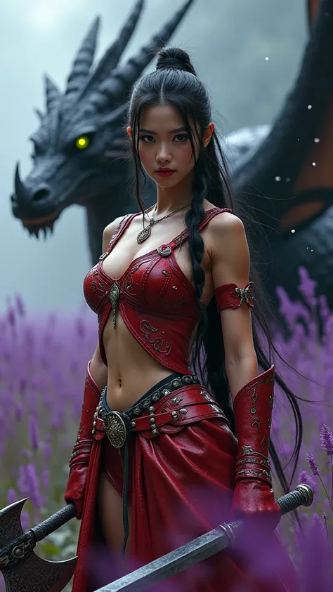 (Qingxu_ Asian beauty portrait realistic photography_V11), (Qingxu_ Asian beauty portrait realistic photography_F.11), Beautiful Japanese woman dressed in red with sword and shield, tight leggings Lycra color red, (holding an axe bikinga  ) , next to it is...