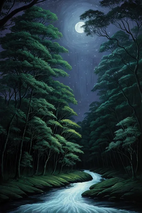 , paint a picture of a thick night forest with a flowing river at night, illuminated by pale moonlight 