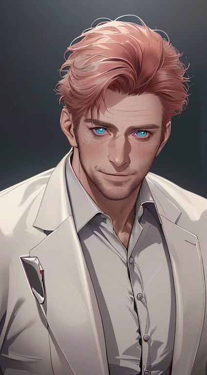 (best quality,4k,8k,highres,masterpiece:1.2),ultra-detailed,(realistic,photorealistic,photo-realistic:1.37),1 man,3,mature man,very handsome,without expression,smile,short red white hair,blue eyes,penetrating gaze,perfect face without errors,imposing postu...