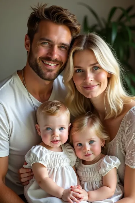 family portrait , hombre alto de  white skin  cabello corto ondulado,  Medium-height woman  ,  white skin , Straight blonde hair, Blue eyes  ,  two little baby girls both with blond hair one with black eyes and one with blue eyes