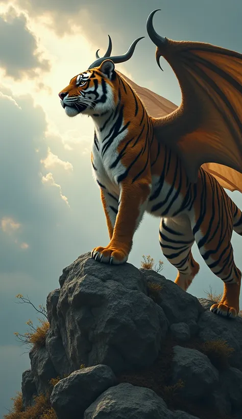 **"jesus está em pé no topo de um penhasco rochoso,  under a stormy sky with clouds and rays in the background . by your side,  an imposing dragon tiger shows off his hybrid body : muscular paws and sharp claws ,  a powerful torso covered with glistening s...