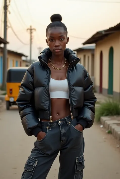 The image depicts a Nigerian female model wearing a streetwear outfit posed confidently in an urban Nigerian street setting.

Background

The background is a typical Nigerian street scene. The area features a slightly worn road with visible cracks and patc...