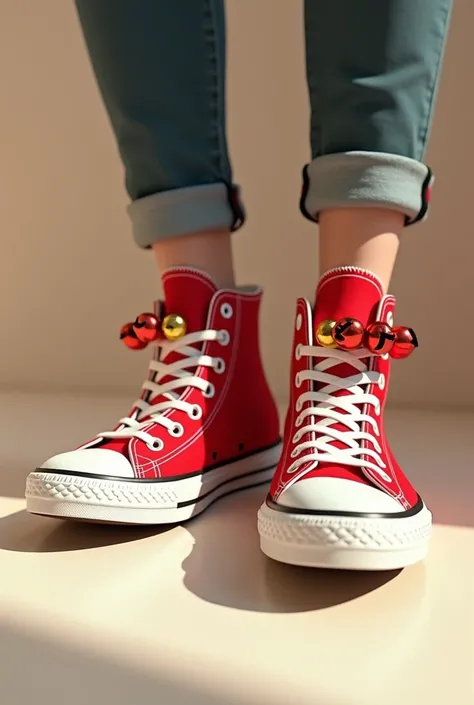 Red converse with Christmas bells seen from the front 