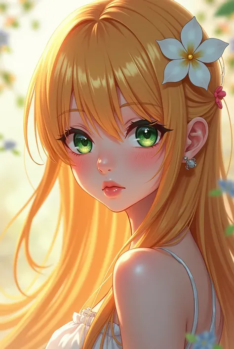 anime girl with really blonde hair with green eyes and big lips