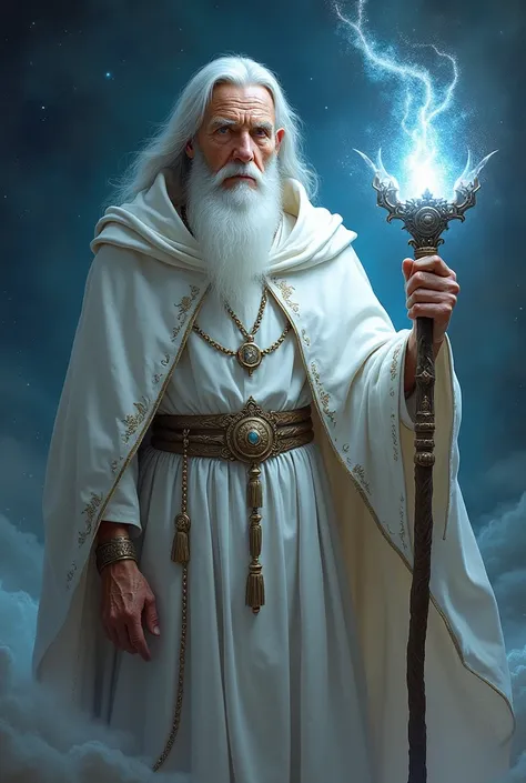 Realism. Face realístic, Close up face,  A wise white mage standing with a commanding presence, dressed in flowing white and silver robes adorned with intricate mystical patterns. He holds a glowing staff or scepter, emanating an ethereal light, symbolizin...