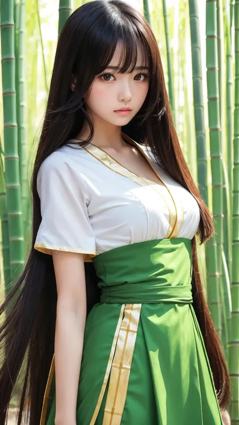 super beautiful face, japanese girl,  long straight hair, anime style, miko-wear , bamboo background, sad, big bust