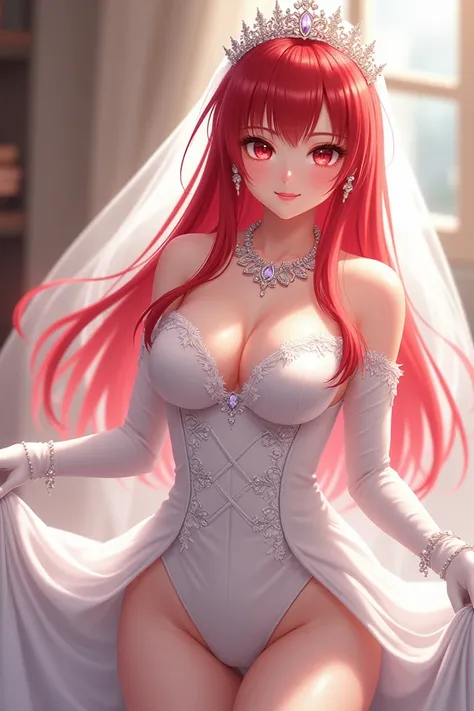 Nude, naked, 1girl, aaichika, tiara, bridal veil, necklace, cleavage, wedding dress, strapless dress, white dress, white gloves, elbow gloves, from below, show breasts, show nipples, skirt lift, white panties and sexy stockings, bare legs,, masterpiece, be...