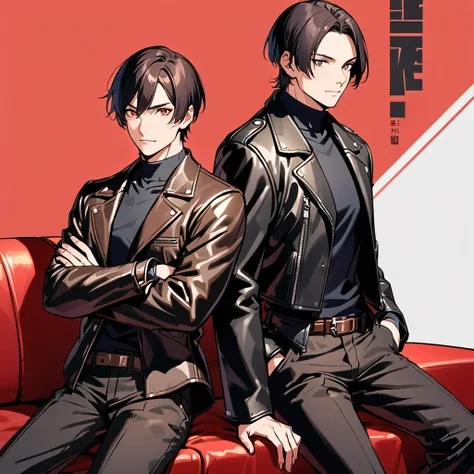 Animation of two characters sitting on a red couch. The figure on the left is wearing a black leather jacket with a white stripe on the front. The figure on the right is a man with black hair and a chestnut-colored leather jacket. He wears black pants and ...