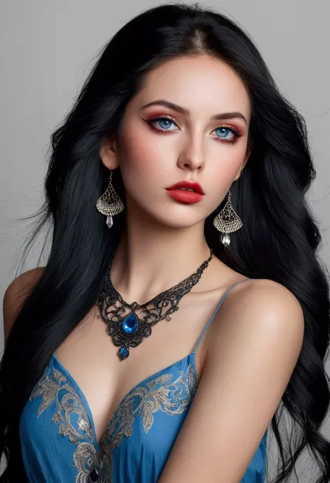 Une femme avec un visage fin avec un jolie nez et des yeux d ange bleu , elle a de long cheveux ce sont des mèches rouges et noirs , elle a une forte poitrine sur ses bras de magnifique tatouage , elle porte une robe d avant d une couleur mélanges de noirs...