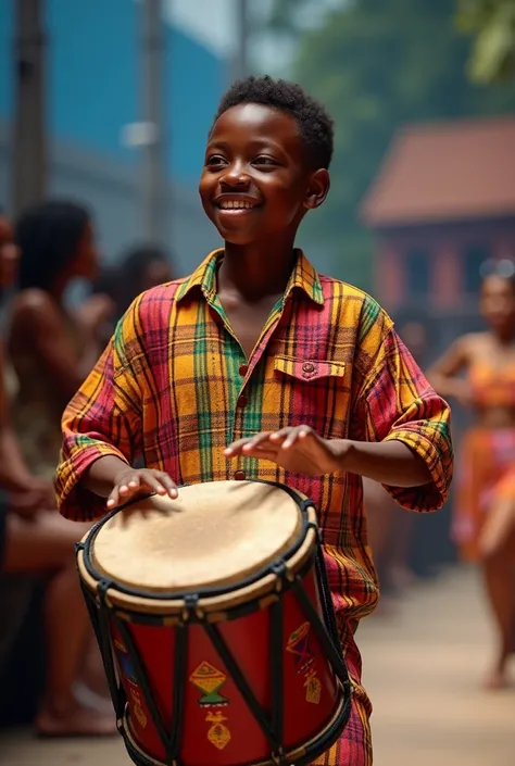 Haitian boy in a fashion show playing bass drum with a plaid 