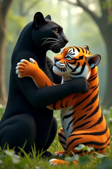 Panther and tiger hugging 