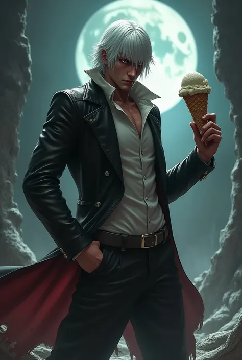  Vergil from Devil May Cry 5 with ice cream in his hand and holding loose pants almost falling off, with the underworld in the background and with an angry face 