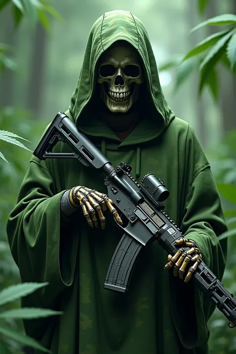 Can you create a picture for me , The hemp leaf should be seen in the background The Grim Reaper in green camouflage with an assault rifle add another layer with a text HDFunClub Scarecrow