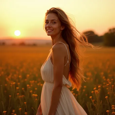  A young woman ,  With long, loose hair ,  walking quietly in an open field during sunset .  Her skin shines softly under the warm light of the sun ,  and wears a light and flowing dress that moves with the breeze .  The surrounding landscape is a vast fie...