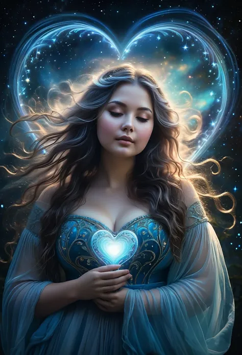 Ethereal chubby woman, radiating with a bioluminescent heart, embodying feminine dreams and desires, surrounded by a haze of mystic light, long flowing hair intertwined with stars, sheer gown billowing gently, heart pulsing with a soft glow, face serene an...