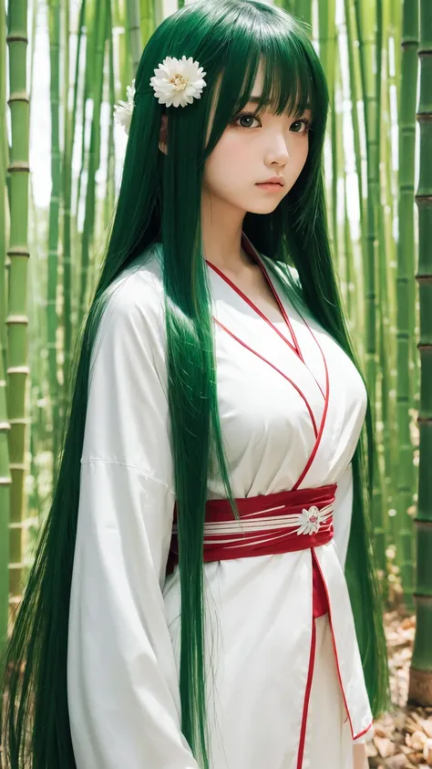 super beautiful face, japanese girl,  long straight hair, anime style, miko-wear , bamboo background, sad, big bust, green hair