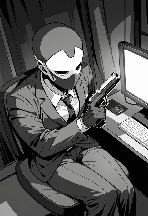 mange style,masterpiece,best quality,good quality,newest,newest,general,cinematic angle,monochrome,BREAK  Dark Hero,solo,mask of Question,mens suits,holding_handgun,sitting on chair,BREAK association room,TV monitor,detailed background