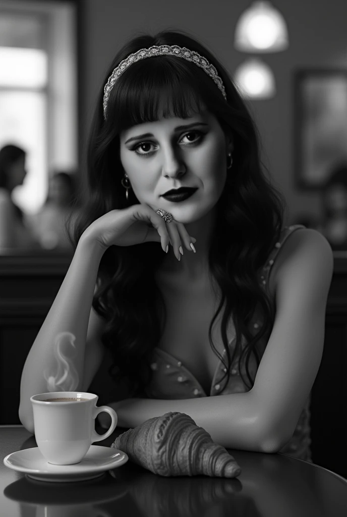 Woman 25 years old,   long wavy black hair ,  sitting leaning on the table, dress from the 60s ,  on the table a coffee cup,  croissant on the right hand , A gold ring ,  headband on the head, ( backlight),  coffee shop background from the 60s , Vintage fo...