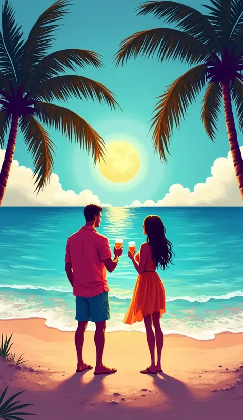  creates an abstract image where vibrant and saturated colors stand out,  that the environment in which the image unfolds is the beach , Whether you see palm trees , the sun, The sea, etc.  and you see people  ( it can be a couple or more )  who are enjoyi...