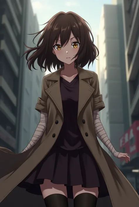 Screenshot of Bungo Stray Dogs generates a young woman with wavy brown hair, a brown trench coat, bandages, yellow eyes, a skirt and stockings. 