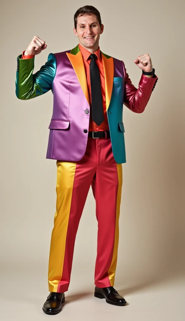 A confident 40-year-old man with thin, short hair, wearing a playful, shiny satin-like colorful suit, paired with a bright shirt and black tie, designed for a birthday party theme. His suit features vibrant, celebratory colors with a shiny, fun finish. He ...