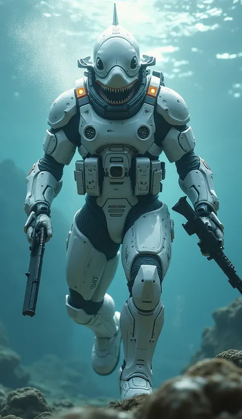 A humanoid shark in an all-white amphibious suit designed for underwater combat. The shark’s powerful physique is enhanced by white armor and tactical gear, including a harpoon gun and combat knife. It swims silently through ocean waters, the white uniform...