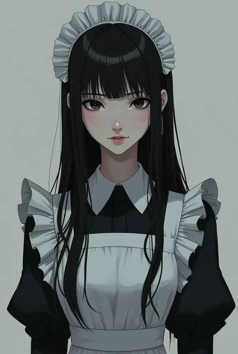 Dark-haired, long-haired, dark eyed, expressionless maid girl, Slander ID photo, persona picture 