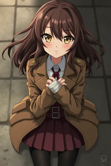 Screenshot of Bungo Stray Dogs generates a young woman with wavy brown hair, a brown trench coat, bandages, yellow eyes, a skirt and tights that are older and with longer hair. 