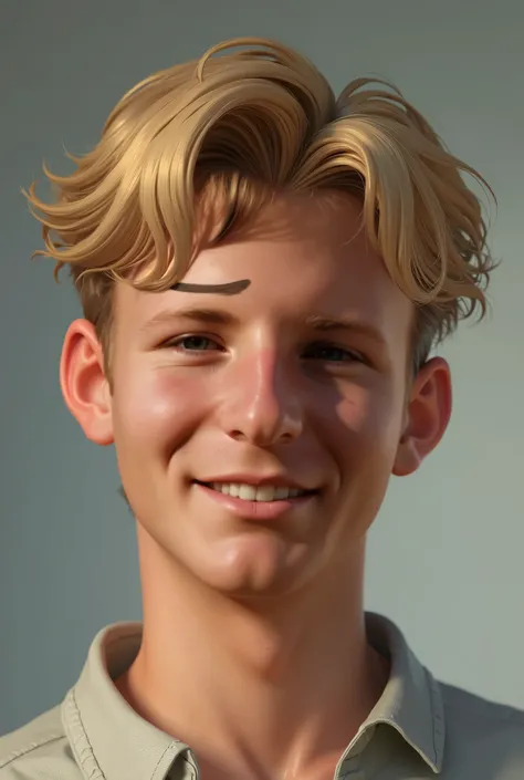 Make a realistic profile image of a white man with blue eyes and short blond hair with a face with an affectionate look with his head tilted with a look of admiration, Hes 21 and puts on a shirt and not a suit    