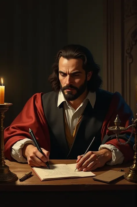  Nicolau Machiaveli in his office , 16th century clothes , writing,  environment dimmed by a candle