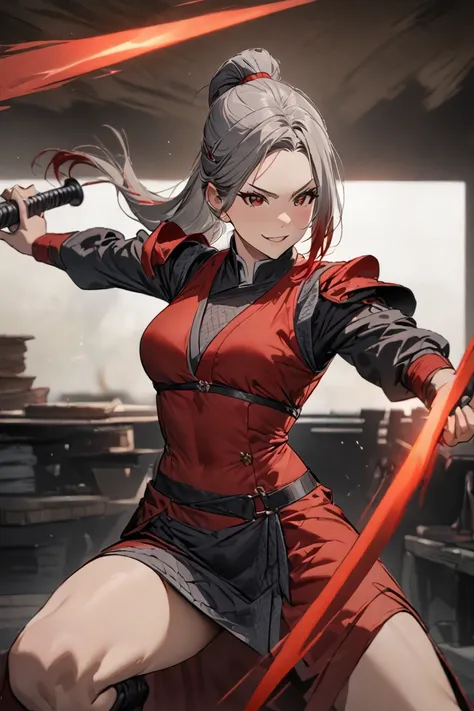 woman ,grey hair red tips ,  long ponytail , front onesided long hairbangs,  self-confident smile, DND clothes, Japanese scoundrel,  black brown red colors, Throwing weapons , ( masterpiece), ( best quality ), ( ultra detailed )