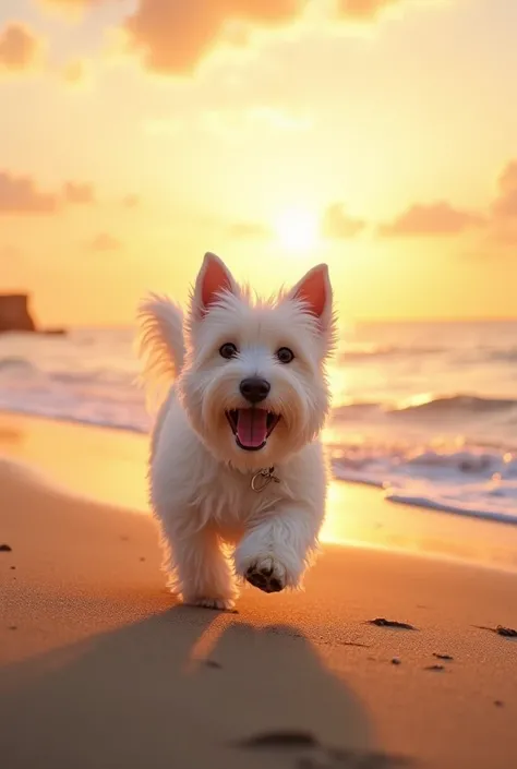  A westie on a beach in the evening with a beautiful sunset with the sea in front 