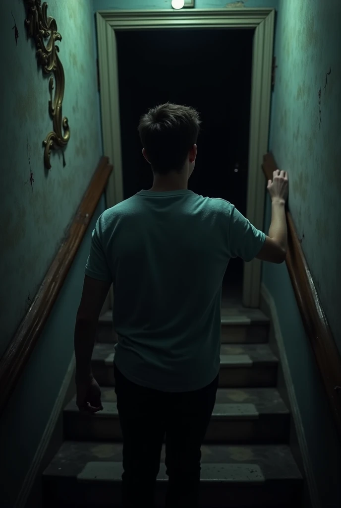 Back view close up of a young man opening a dark ceiling door at the end of a staircase of an old hotel at night, nightmare, highest definition, highest detail, highest quality, night time 