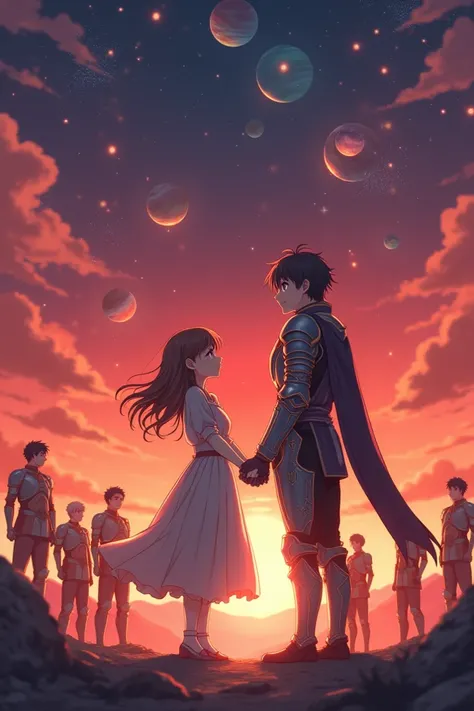 Create an image for my story about of the knights of the galaxy in more like shoujo anime where the girl(female lead) is with the knight(male lead) who is holding his cap (is what the knights wear on their head which is part of their shield ) in his hand w...