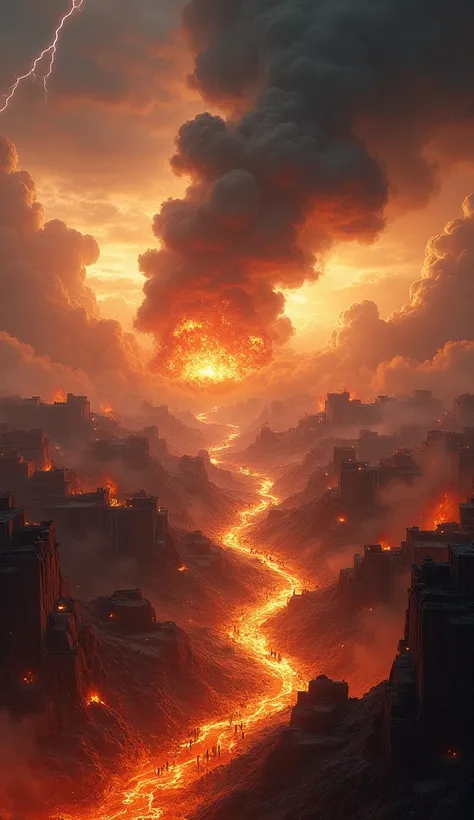 Total destruction of Sodom and Gomorrah :
" Epic panorama of two cities consumed by fire and brimstone ,  with rivers of lava flowing through the streets .  Clouds of black smoke rise into an apocalyptic sky illuminated by lightning